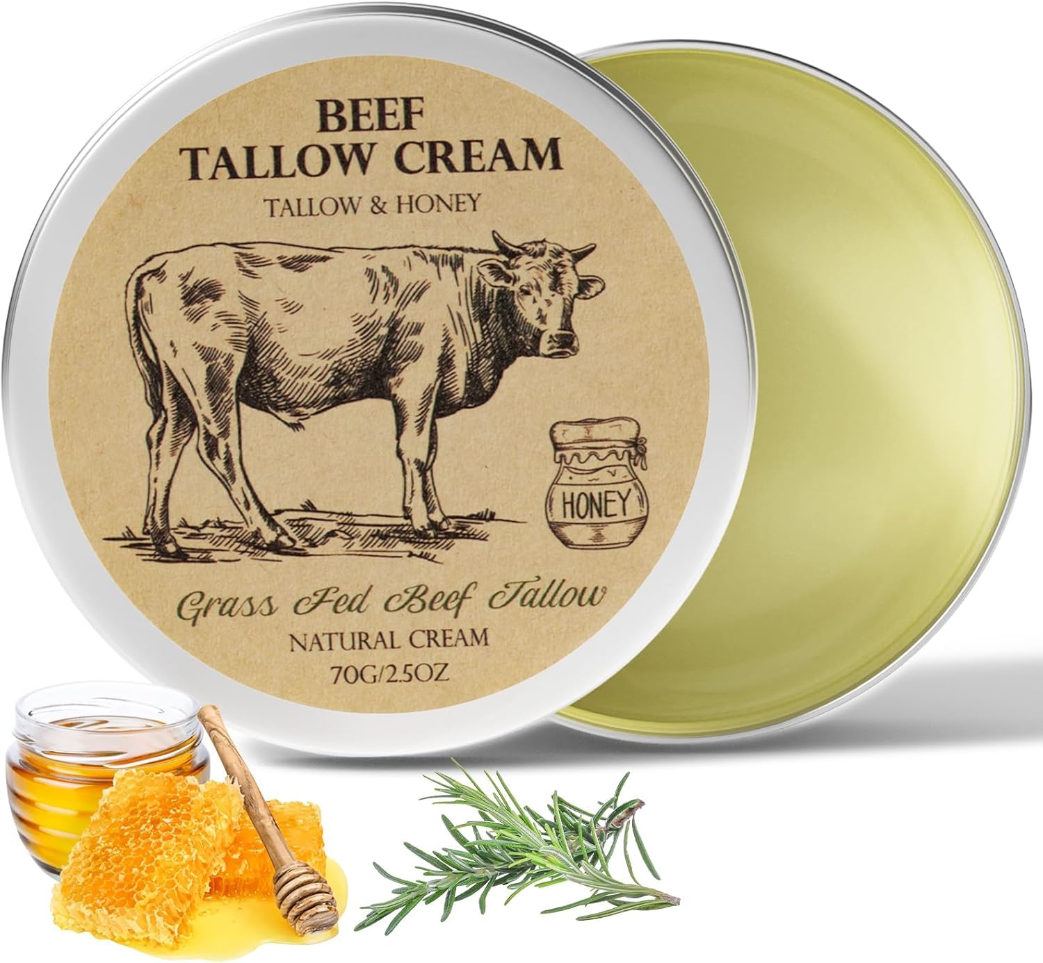 MROUVIK beef-tallow-skin bottle open shows natural ingredients and honey scent for gentle moisture.