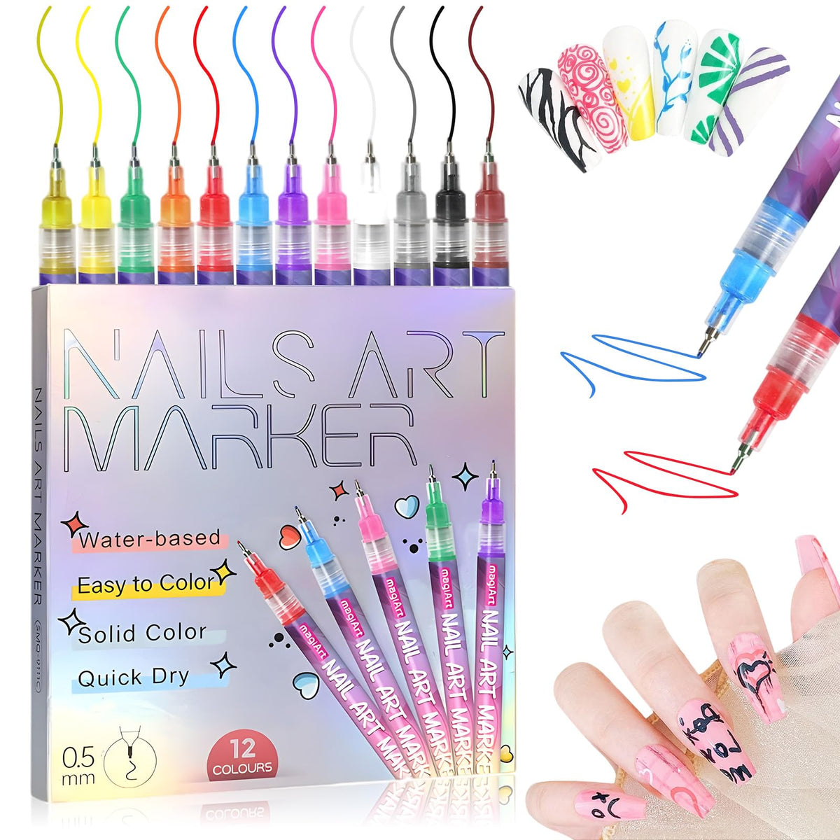 Mrryiio 12-colors nail art pens set swatches vibrant colors for DIY designs.