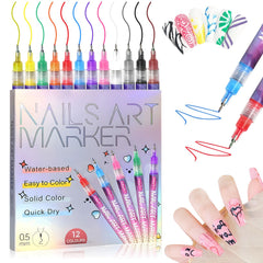 Mrryiio 12-colors nail art pens set swatches vibrant colors for DIY designs.