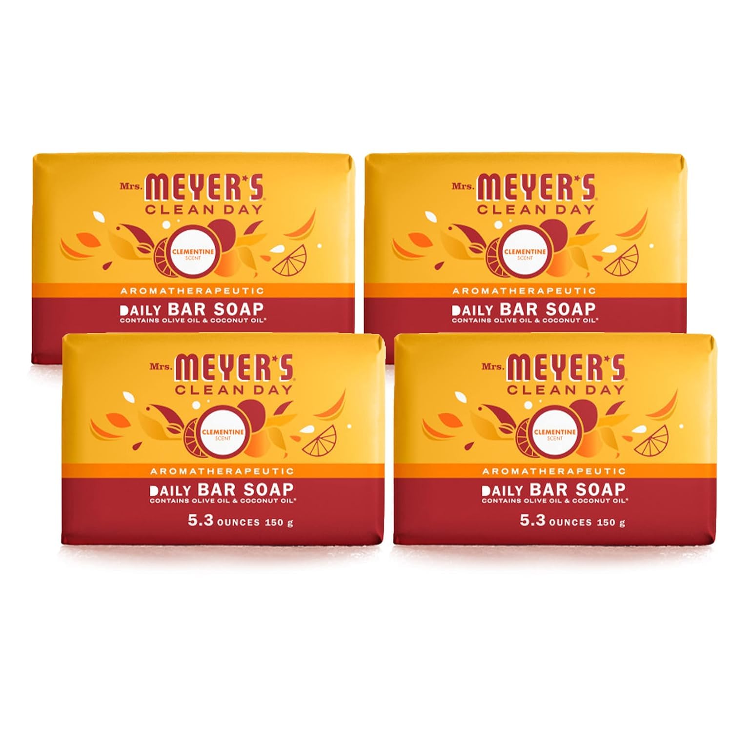 Mrs. Meyer's Clean Day Bar Soap Clementine bars display for fresh citrus cleansing