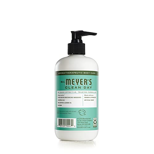 Applying Mrs. Meyer's Basil hand lotion demonstrates quick hydration without residue