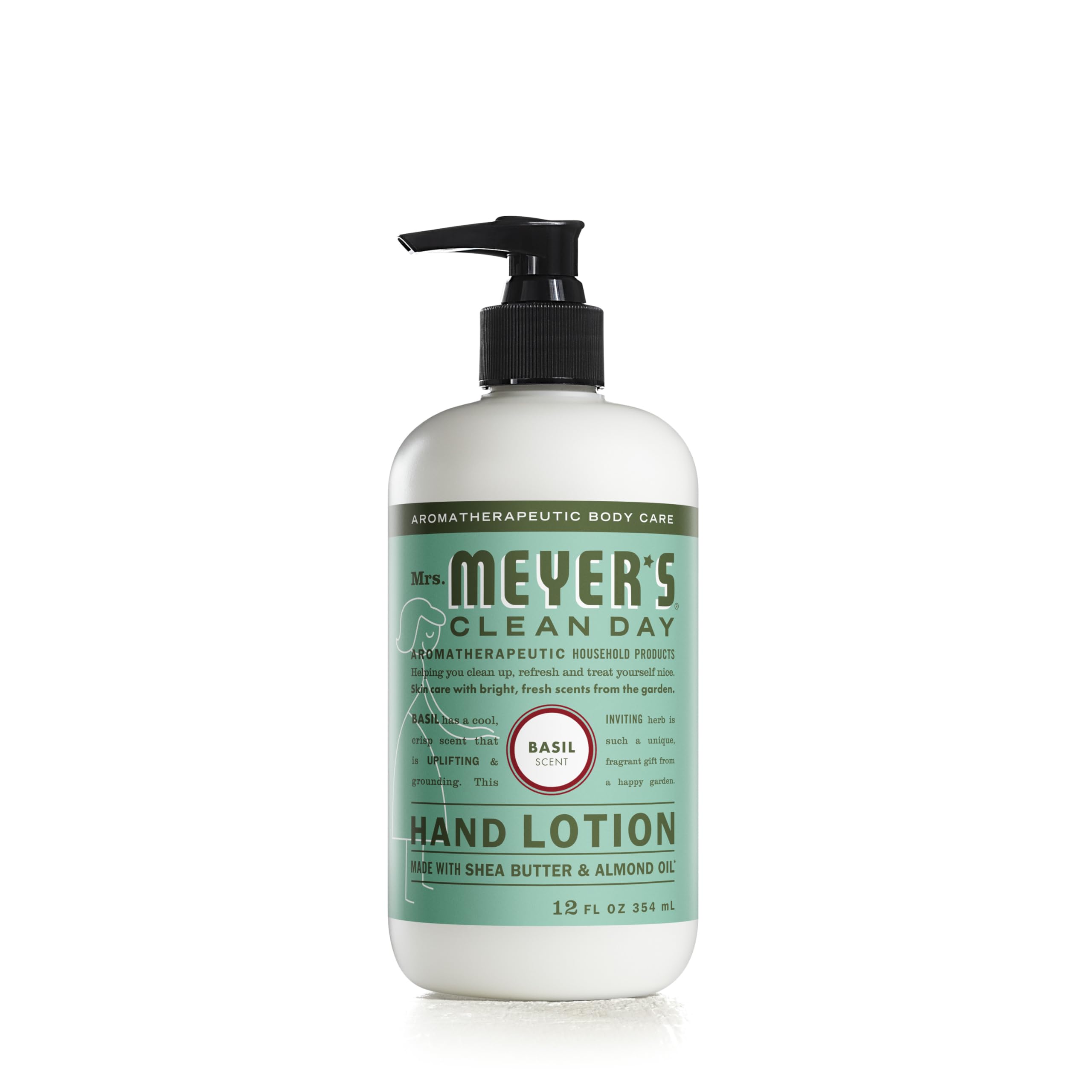 Mrs. Meyer's Clean Day Basil hand lotion jar showing non-greasy moisture for dry hands