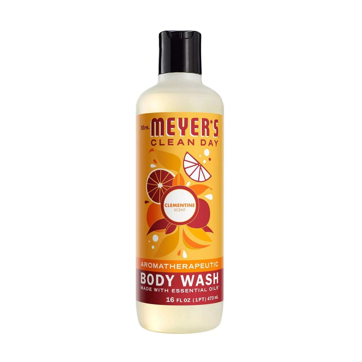 Mrs. Meyer's Clean Day Clementine body wash bottle pour delivers citrus freshness and skin softness.
