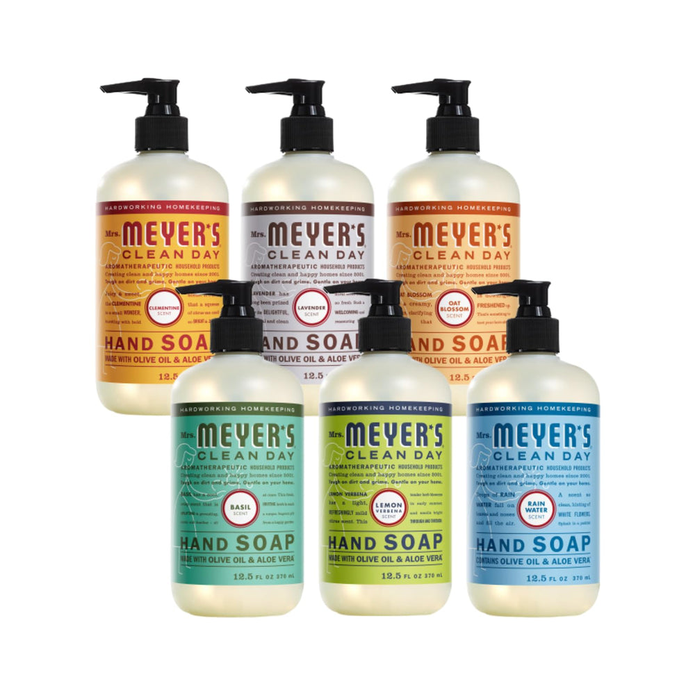 Mrs. Meyer's Clean Day Clementine hand soap bottle with bright citrus aroma for refreshing hand cleaning