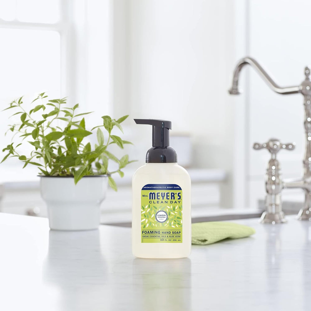 Label close-up of Mrs. Meyer's Lemon Verbena foaming soap
