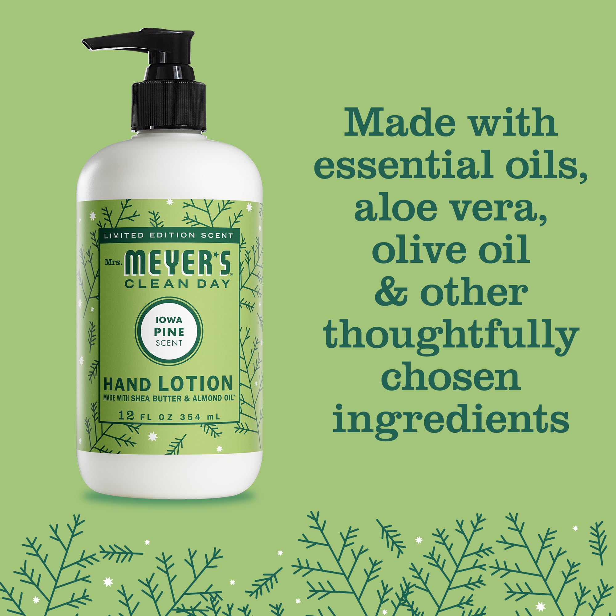 Almond oil feature in Mrs. Meyer's Iowa Pine hand lotion for hydrating skin.