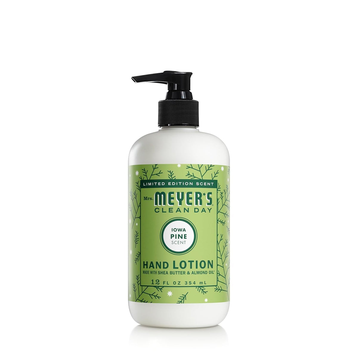 Mrs. Meyer's Clean Day Iowa Pine hand lotion bottle shows non-greasy moisture for dry hands.