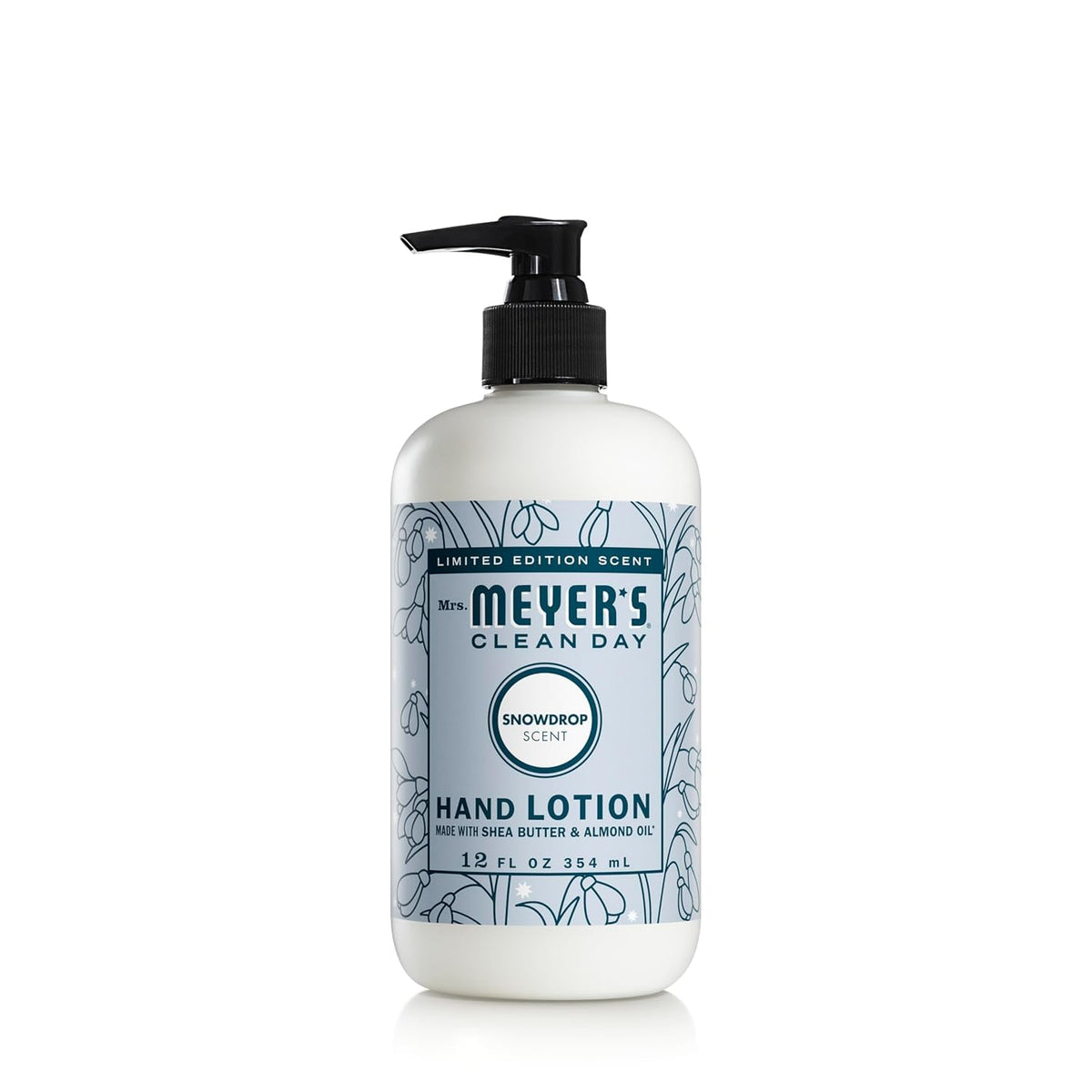 Mrs. Meyer’s Snowdrop hand lotion bottle provides non-greasy moisture after washing