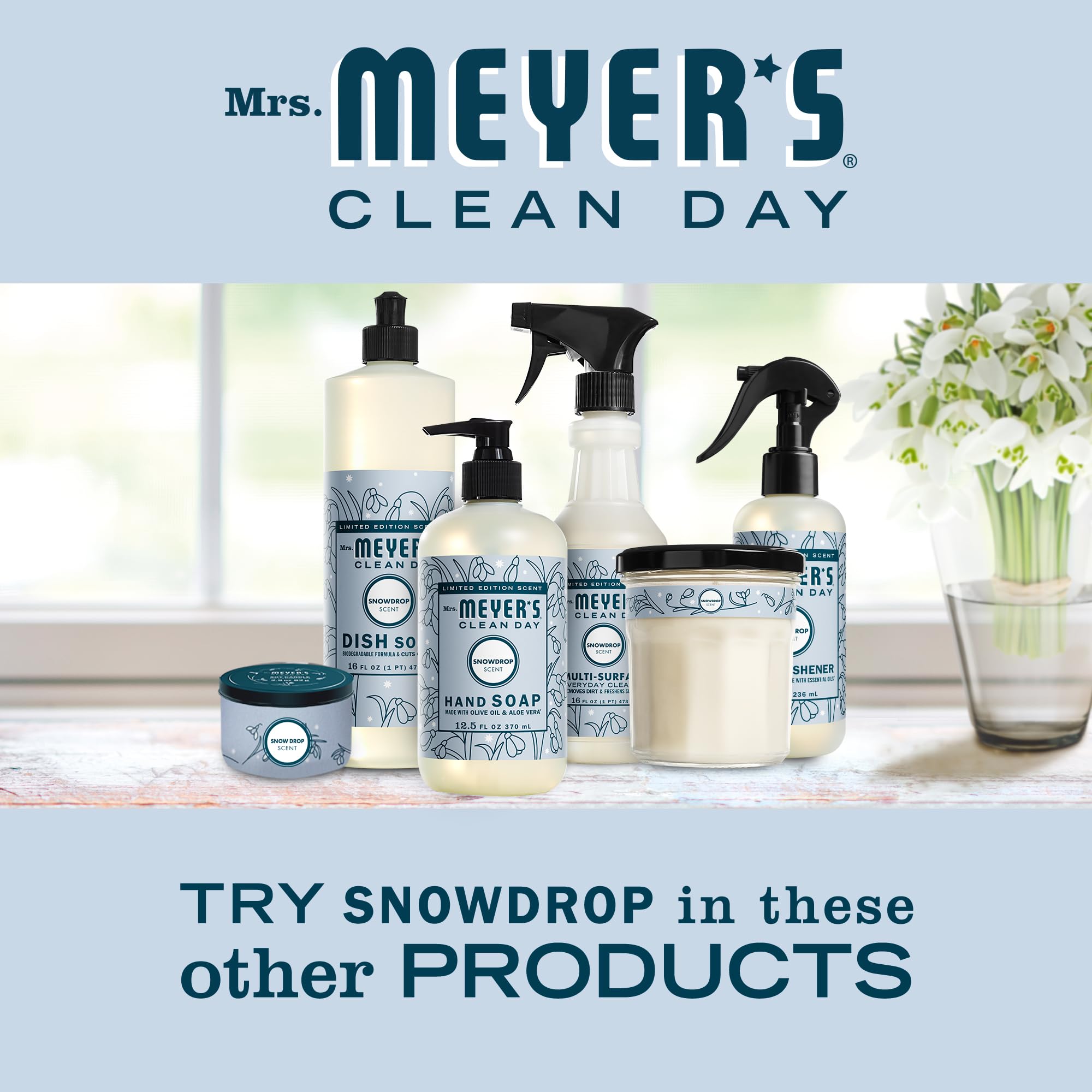 Snowdrop lotion shown with other Mrs. Meyer’s Clean Day items