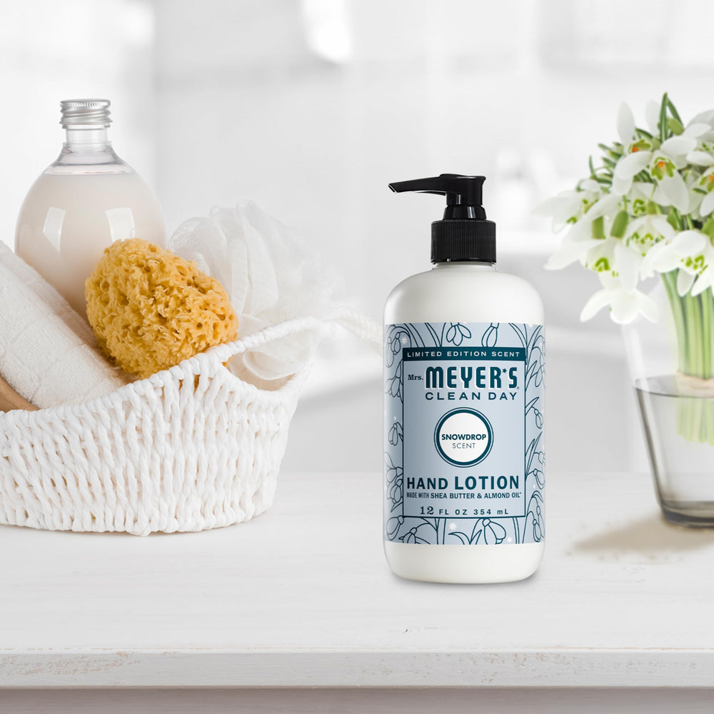 Close-up of Mrs. Meyer’s Snowdrop lotion texture shows creamy, non-greasy formula
