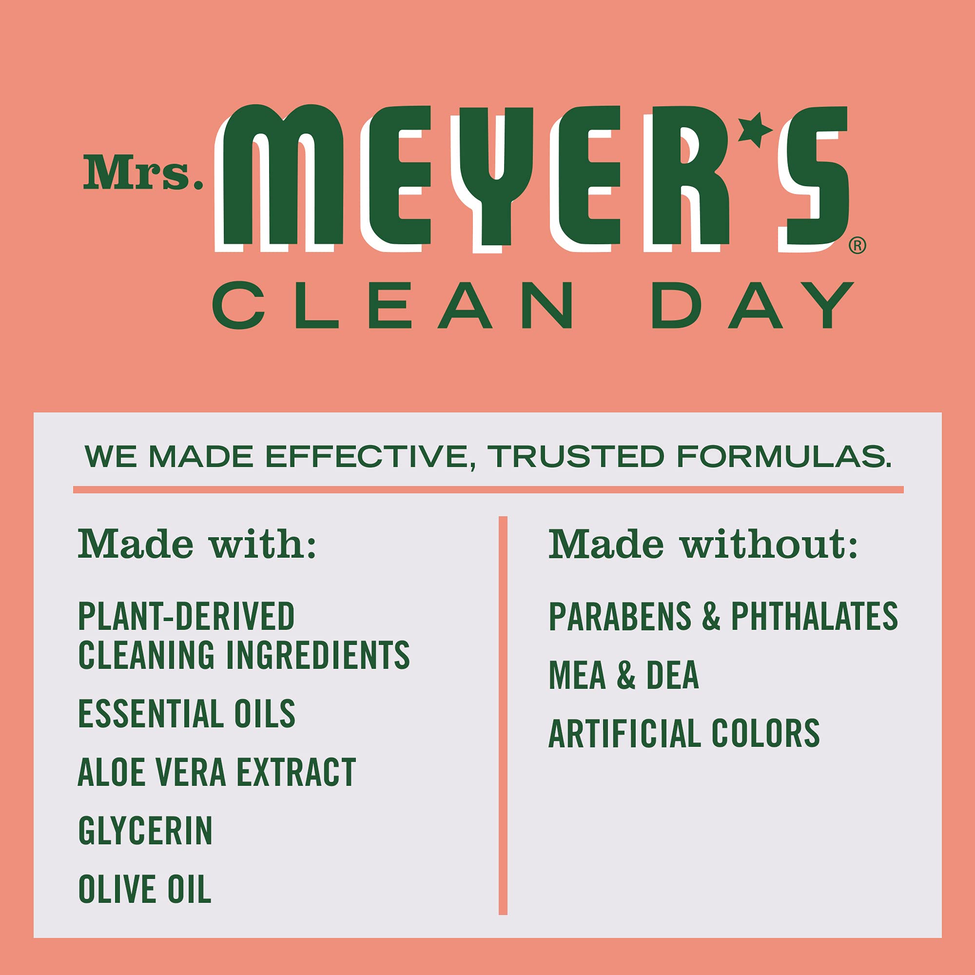 Mrs. Meyer's biodegradable formula label highlights eco-friendly use