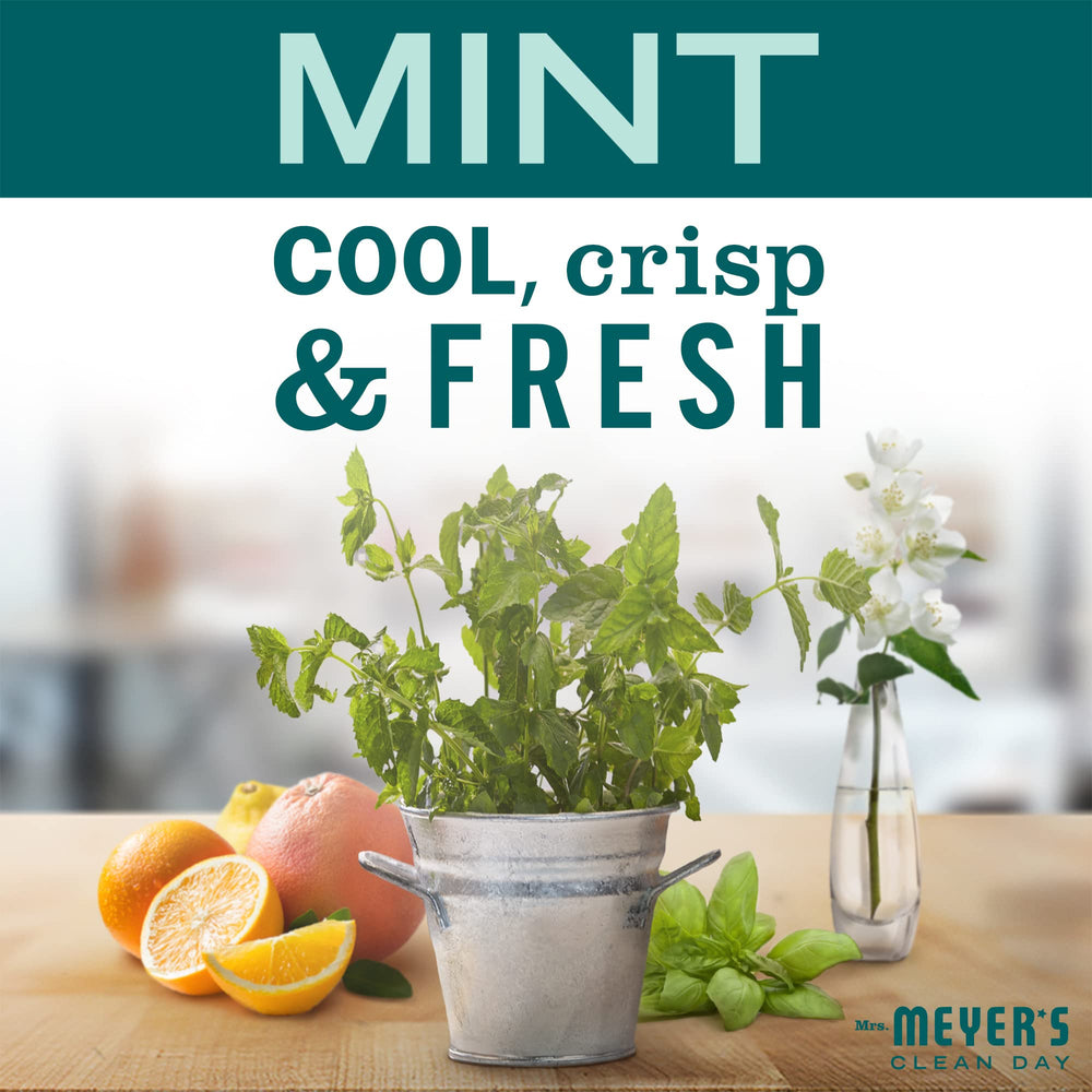 Mrs. Meyer's Clean Day Mint hand soap biodegradable formula signals eco-friendly choice.