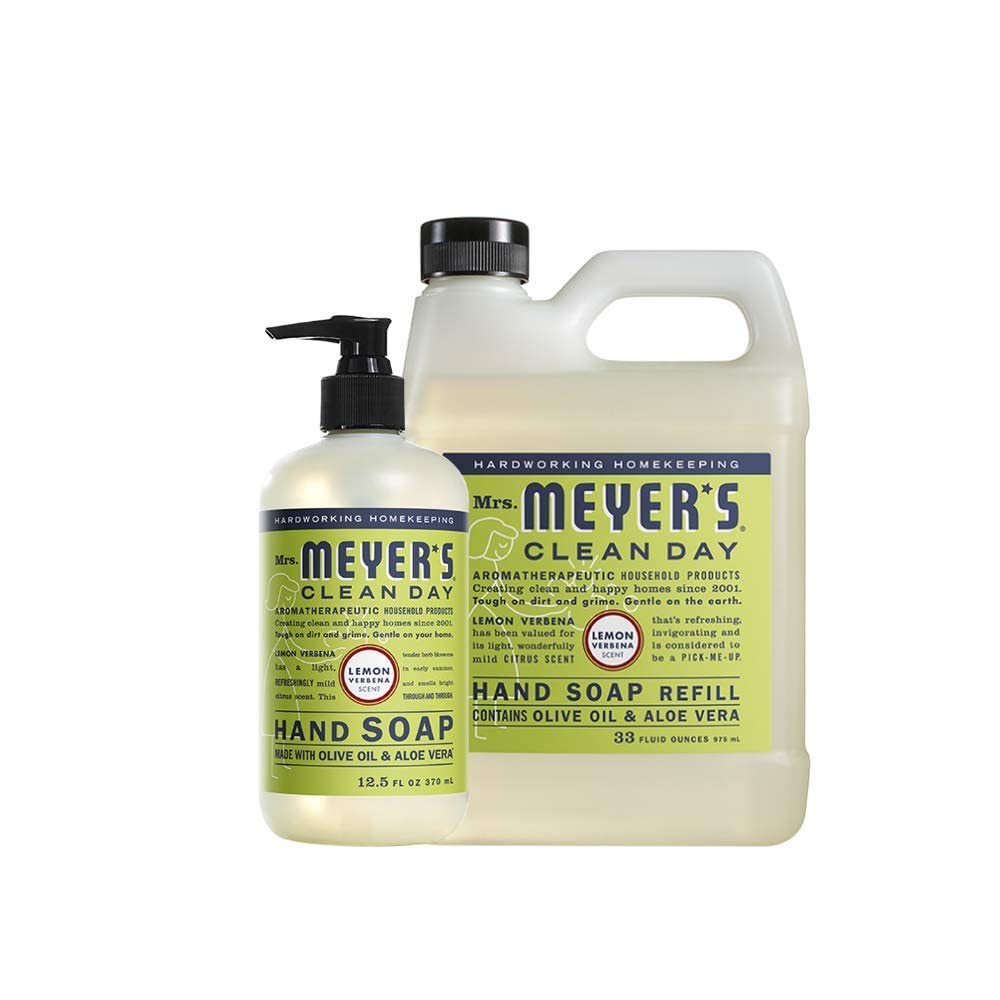 Mrs. Meyer's Clean Day Hand Soap bottle with pump showing moisturizing formula for busy hands.