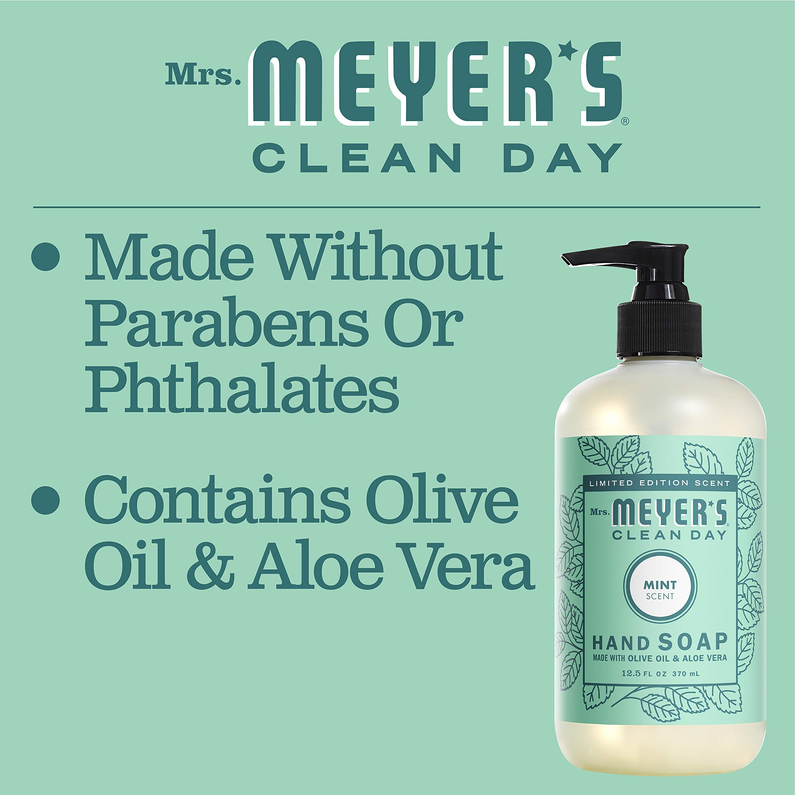 Mrs. Meyer's Clean Day Mint hand soap Leaping Bunny badge confirms cruelty-free status.