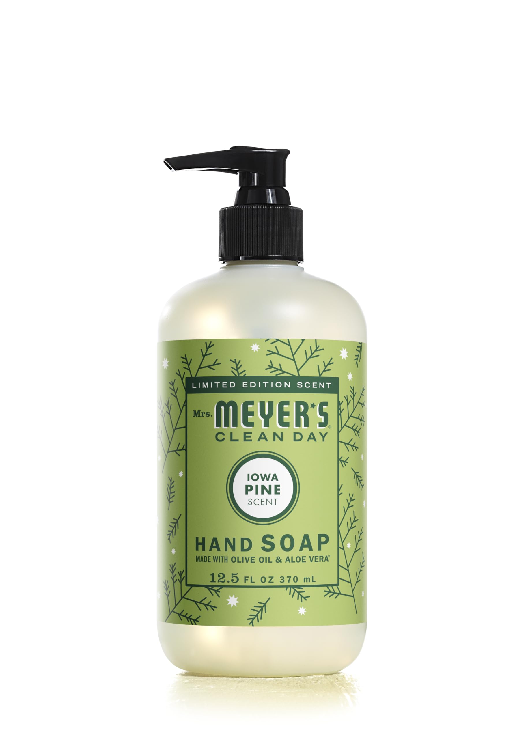 Mrs. MEYER'S Clean Day hand soap bottle label highlights aloe vera and olive oil for moisturized hands.