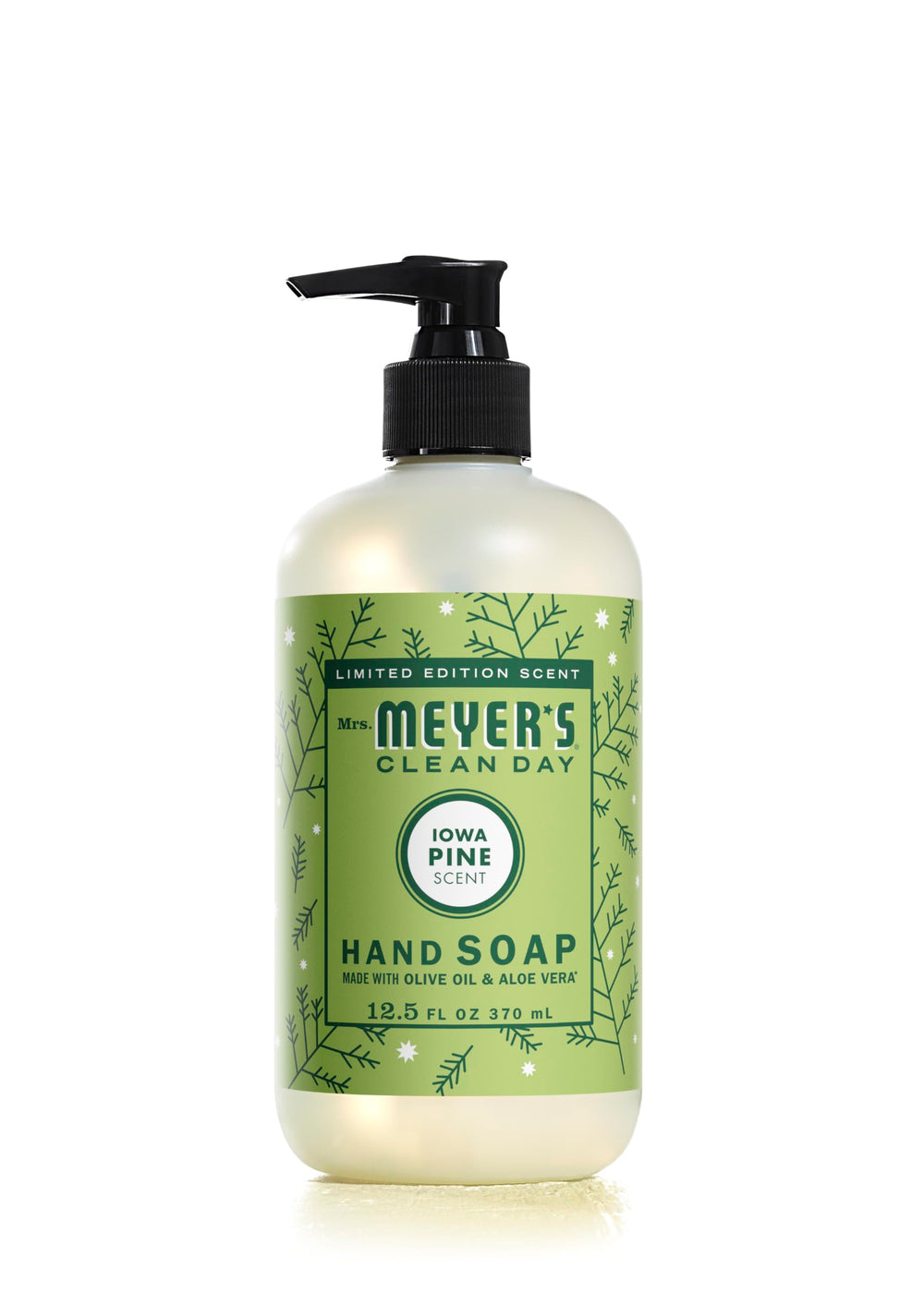 Mrs. MEYER'S Clean Day hand soap bottle label highlights aloe vera and olive oil for moisturized hands.