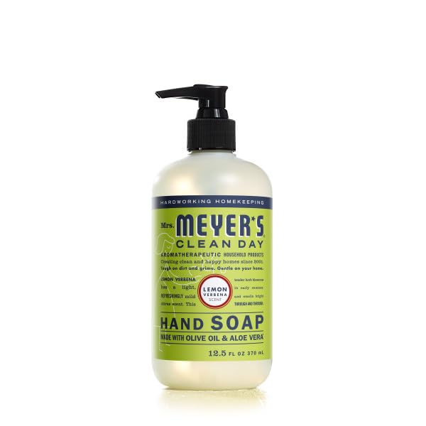 Mrs. MEYER'S Lemon Verbena hand soap bottle brightens the sink area and mood.