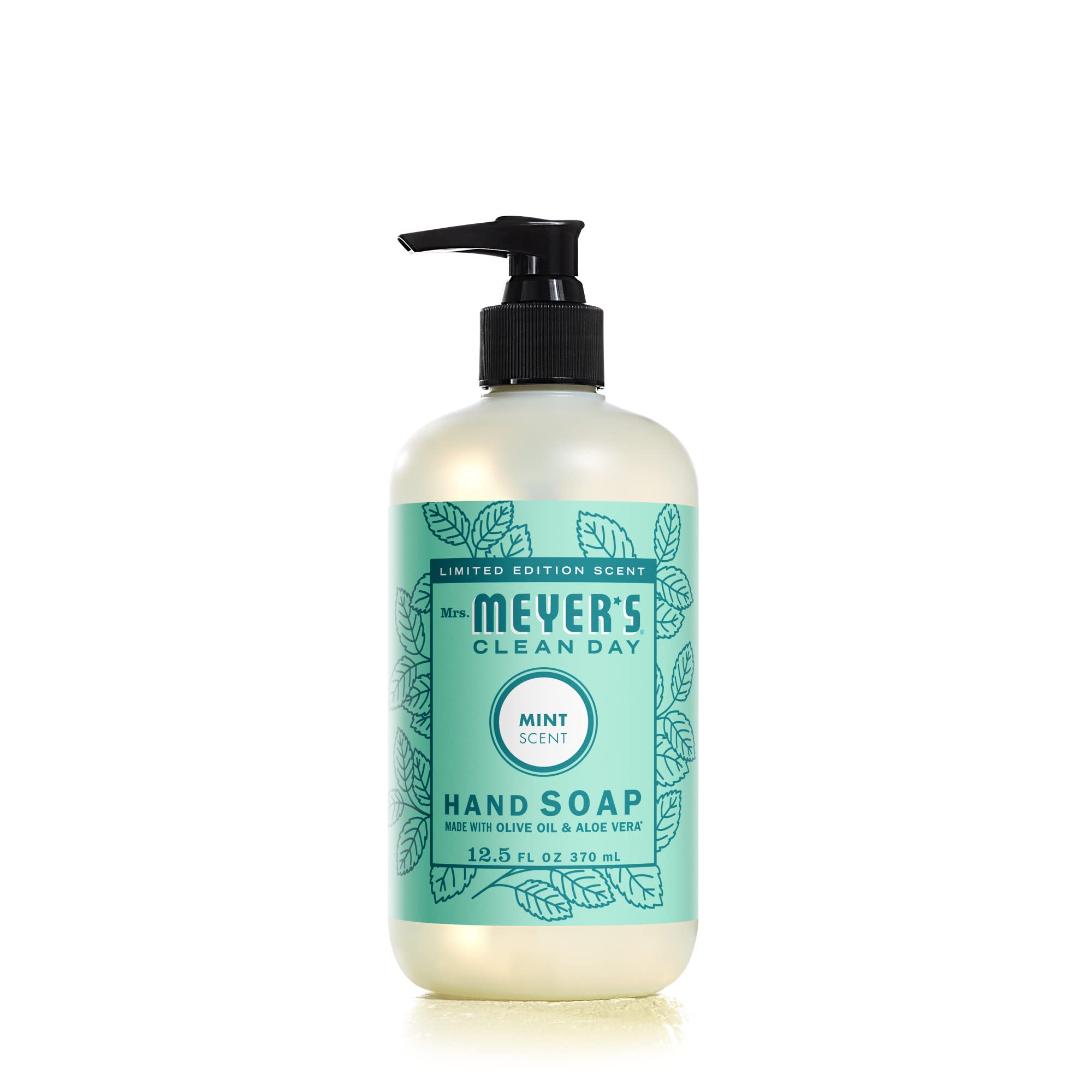 Mrs. Meyer's Clean Day Mint hand soap bottle pour shows energizing mint scent.