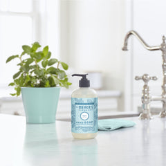 Mrs. Meyer's Clean Day Mint hand soap with aloe vera highlights moisturizing care.