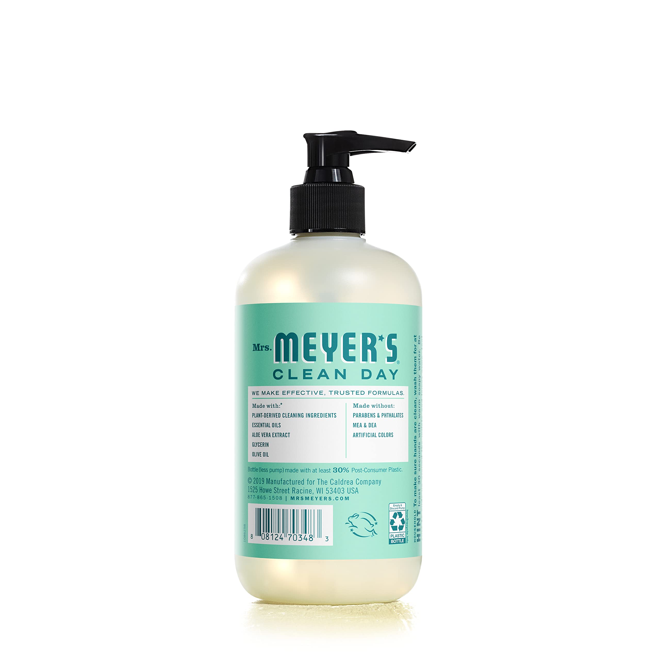Mrs. Meyer's Clean Day Mint hand soap with olive oil suggests soft hands in use.