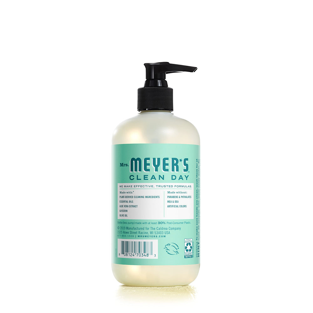 Mrs. Meyer's Clean Day Mint hand soap with olive oil suggests soft hands in use.
