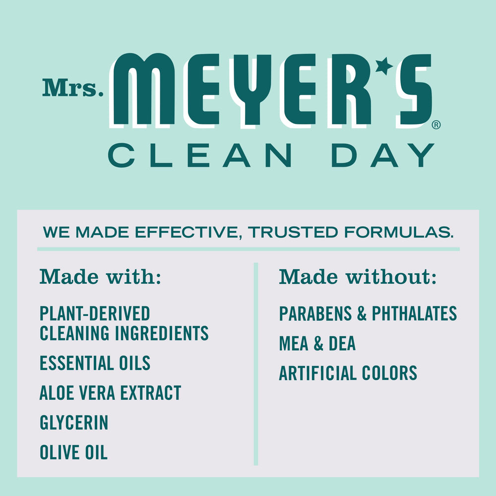 Mrs. Meyer's Clean Day Mint hand soap pump closeup reveals refreshing cleansing action.