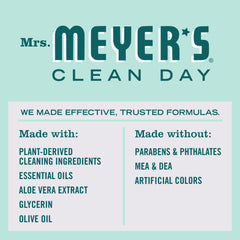 Mrs. Meyer's Clean Day Mint hand soap pump closeup reveals refreshing cleansing action.