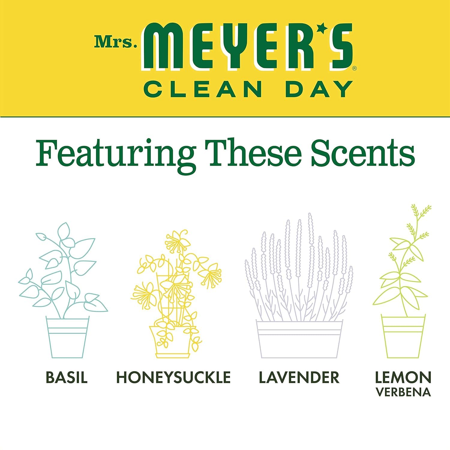 Packaging showcases Mrs. Meyer's Clean Day Hand Soap 12.5 oz six-pack.