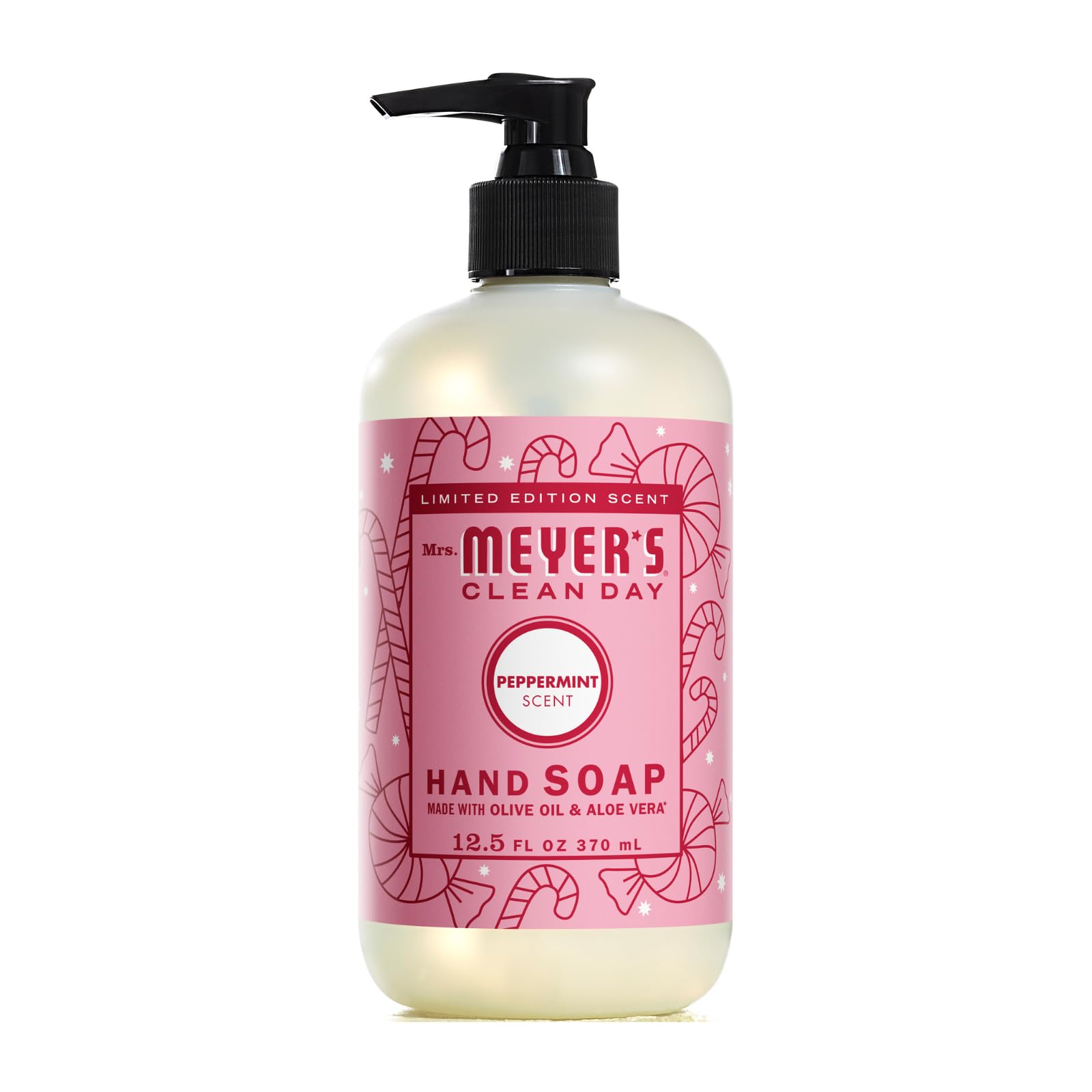 Mrs. MEYER'S Clean Day Peppermint hand soap bottle delivers crisp mint aroma for a quick wake-up.
