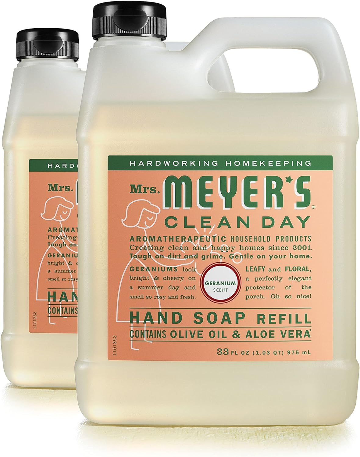 Mrs. Meyer's Clean Day Geranium hand soap refill bottles for easy, long-lasting cleansing.
