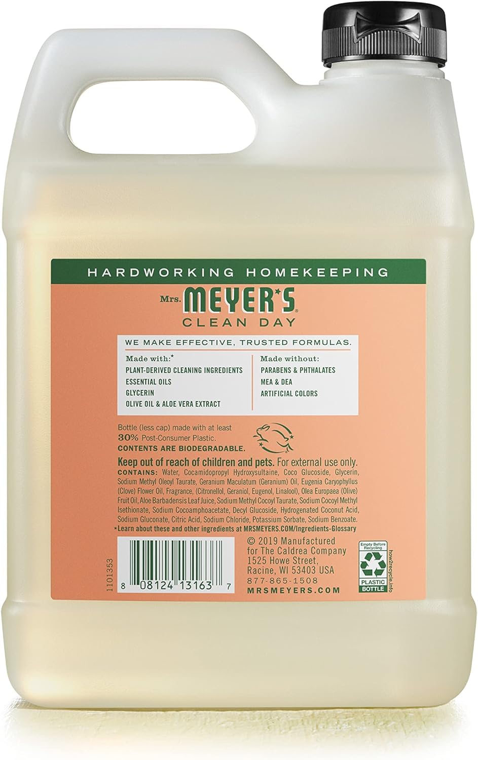 Mrs. Meyer's Clean Day Geranium ingredients icons showcase essential oils and aloe.