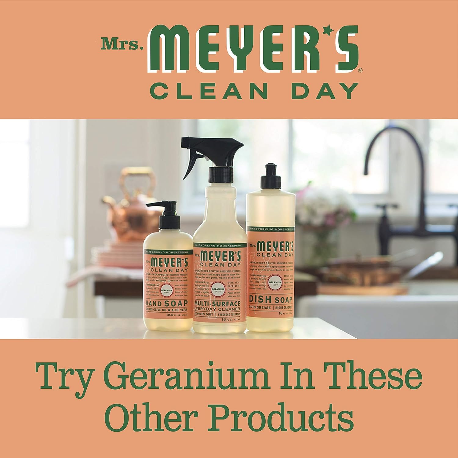 Mrs. Meyer's Clean Day Geranium packaging suggests sustainable, refill-friendly home care.