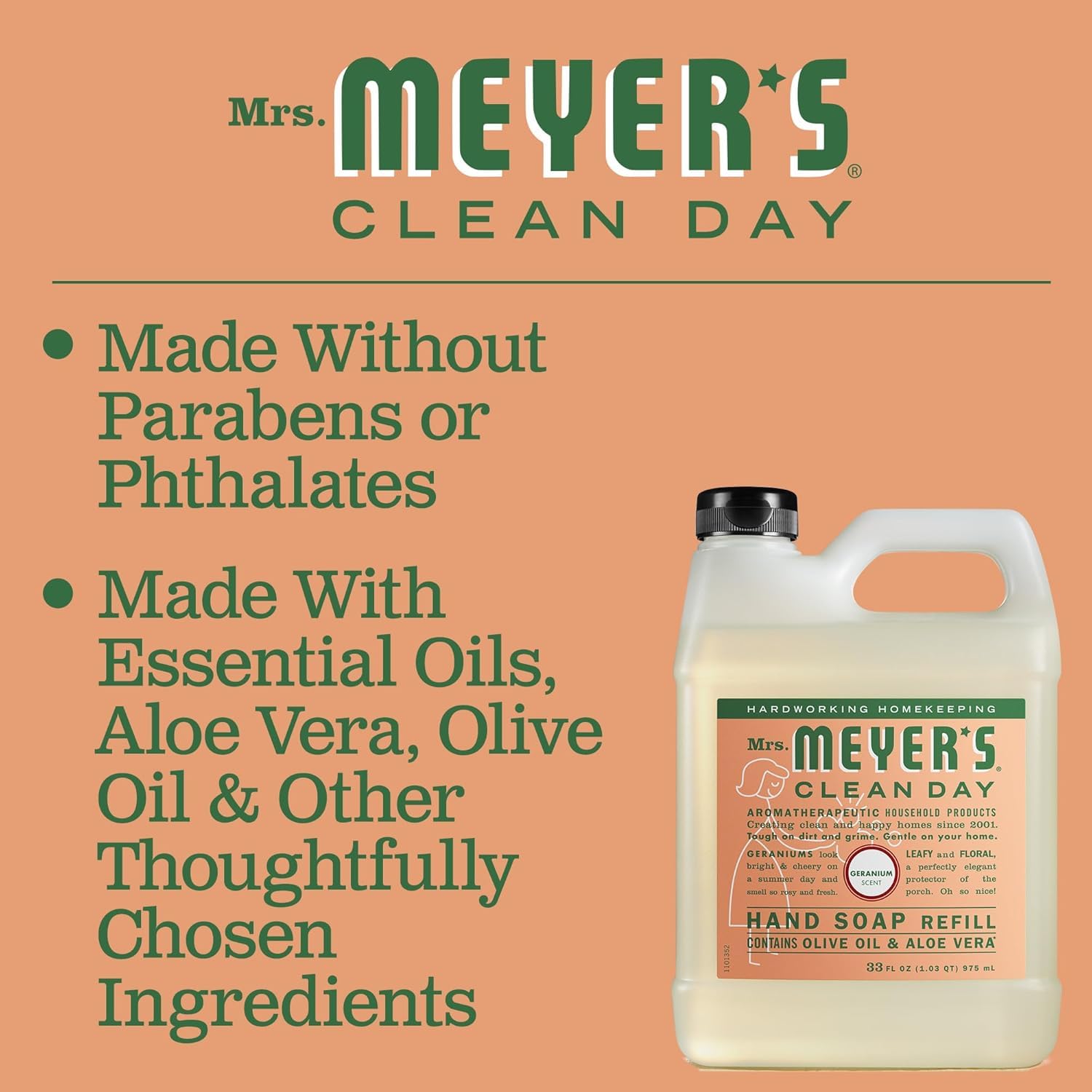 Mrs. Meyer's Clean Day packaging highlights biodegradable formula and garden-inspired fragrance.