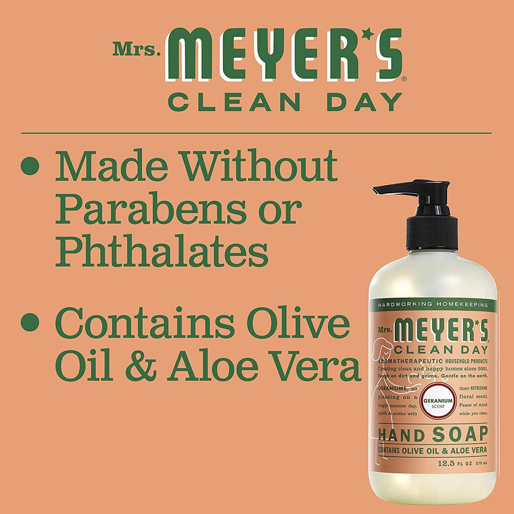 Mrs. Meyer's Clean Day Hand Soap Geranium refill packaging signals sustainability.