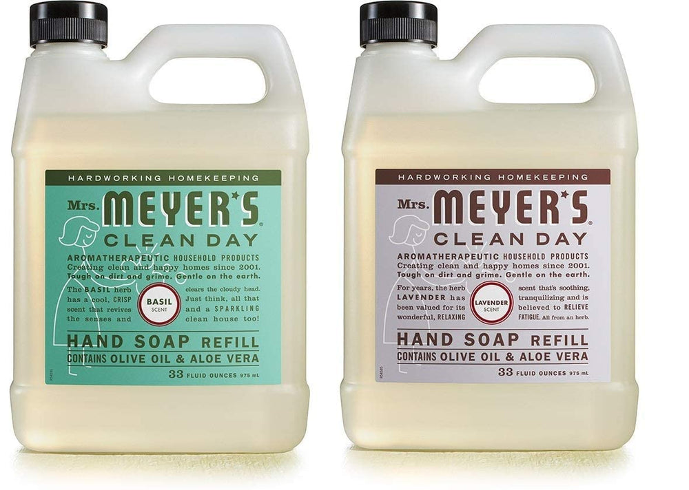Mrs. Meyer's Clean Day Hand Soap Refill Lavender Basil bottle front shows refreshing garden scent