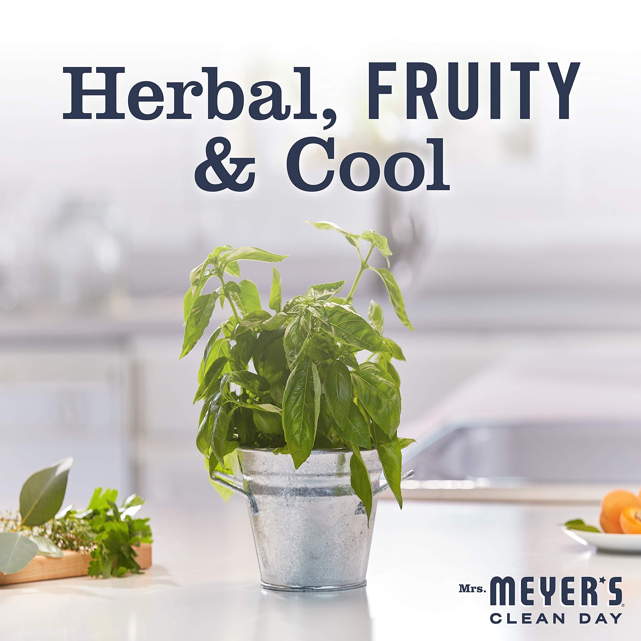 Mrs. Meyer's Clean Day Hand Soap Refill Lavender Basil garden setting evokes fresh home scent