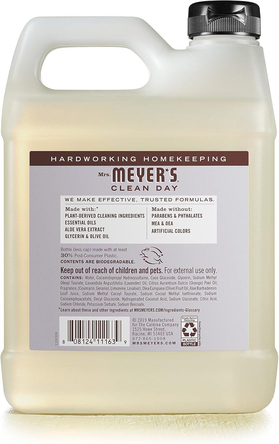 Mrs. Meyer's Clean Day Hand Soap Refill Lavender Basil label closeup shows ingredient details