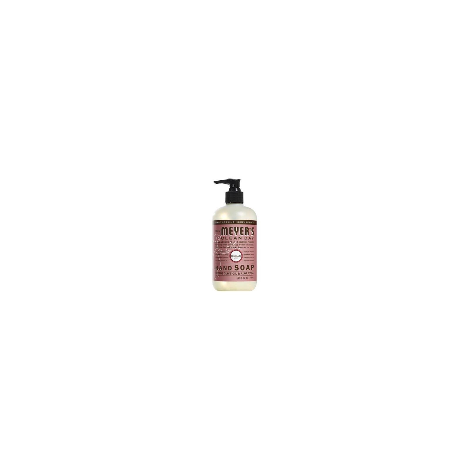 Mrs. Meyer's Clean Day Rosemary hand soap bottle with essential oils for refreshed hands.