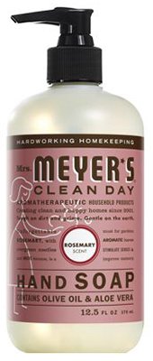 Mrs. Meyer's Clean Day Rosemary hand soap label close-up highlighting biodegradable formula and plant-based ingredients.
