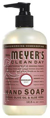 Mrs. Meyer's Clean Day Rosemary hand soap label close-up highlighting biodegradable formula and plant-based ingredients.