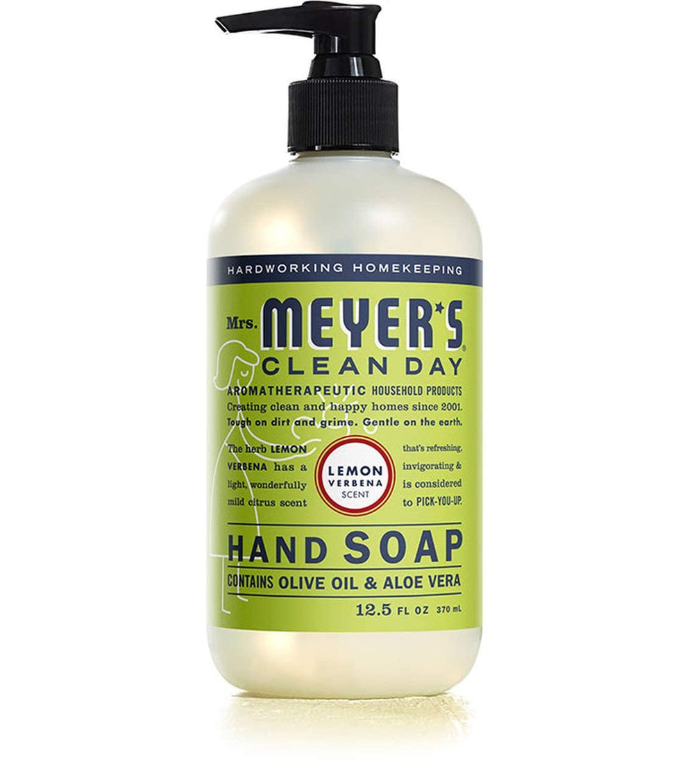 Mrs. Meyer's Clean Day Basil hand soap bottle with herbal scent for quick refresh.