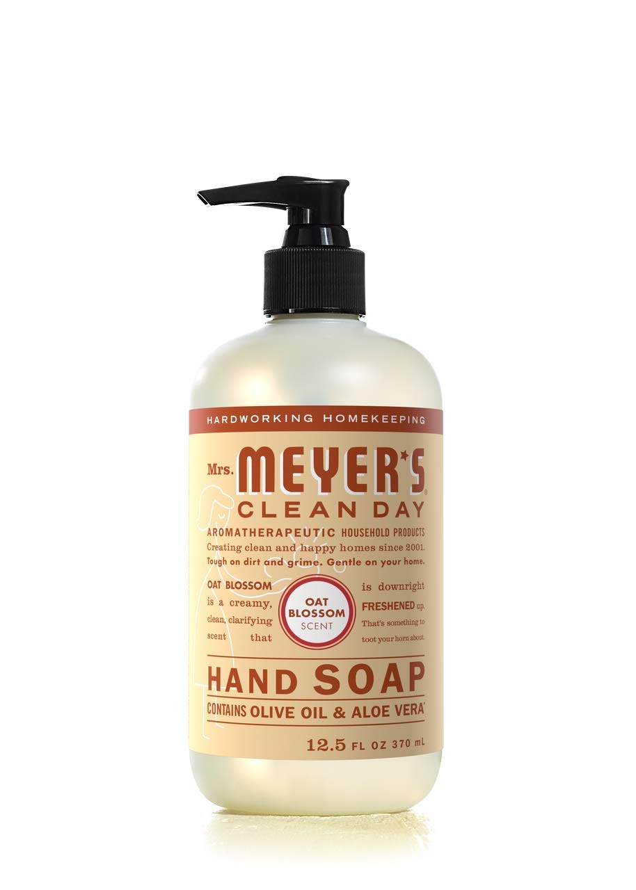 Mrs. Meyer's Clean Day Plumberry hand soap bottle delivers vibrant fruit aroma.