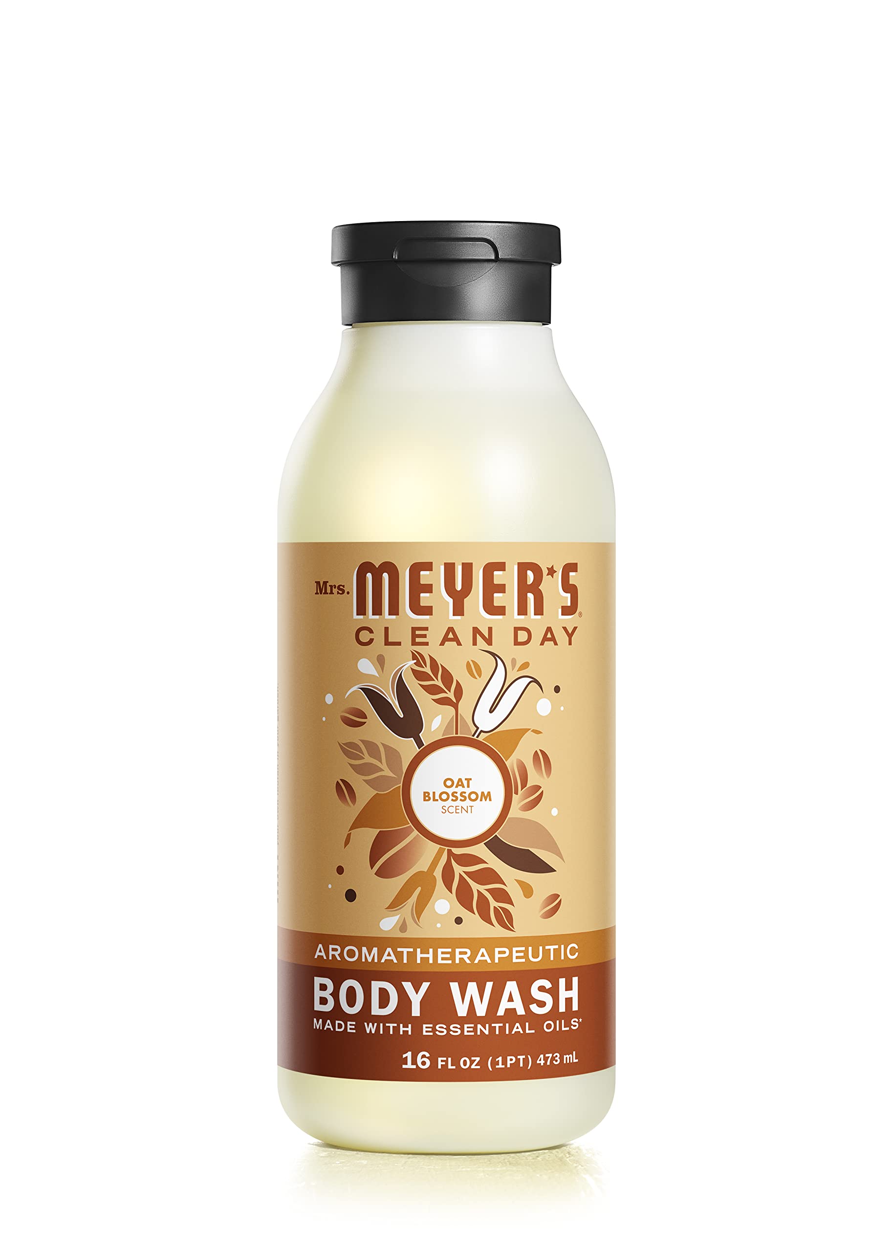 Mrs. Meyer's Clean Day moisturizing body wash bottle being poured for a refreshing cleanse.