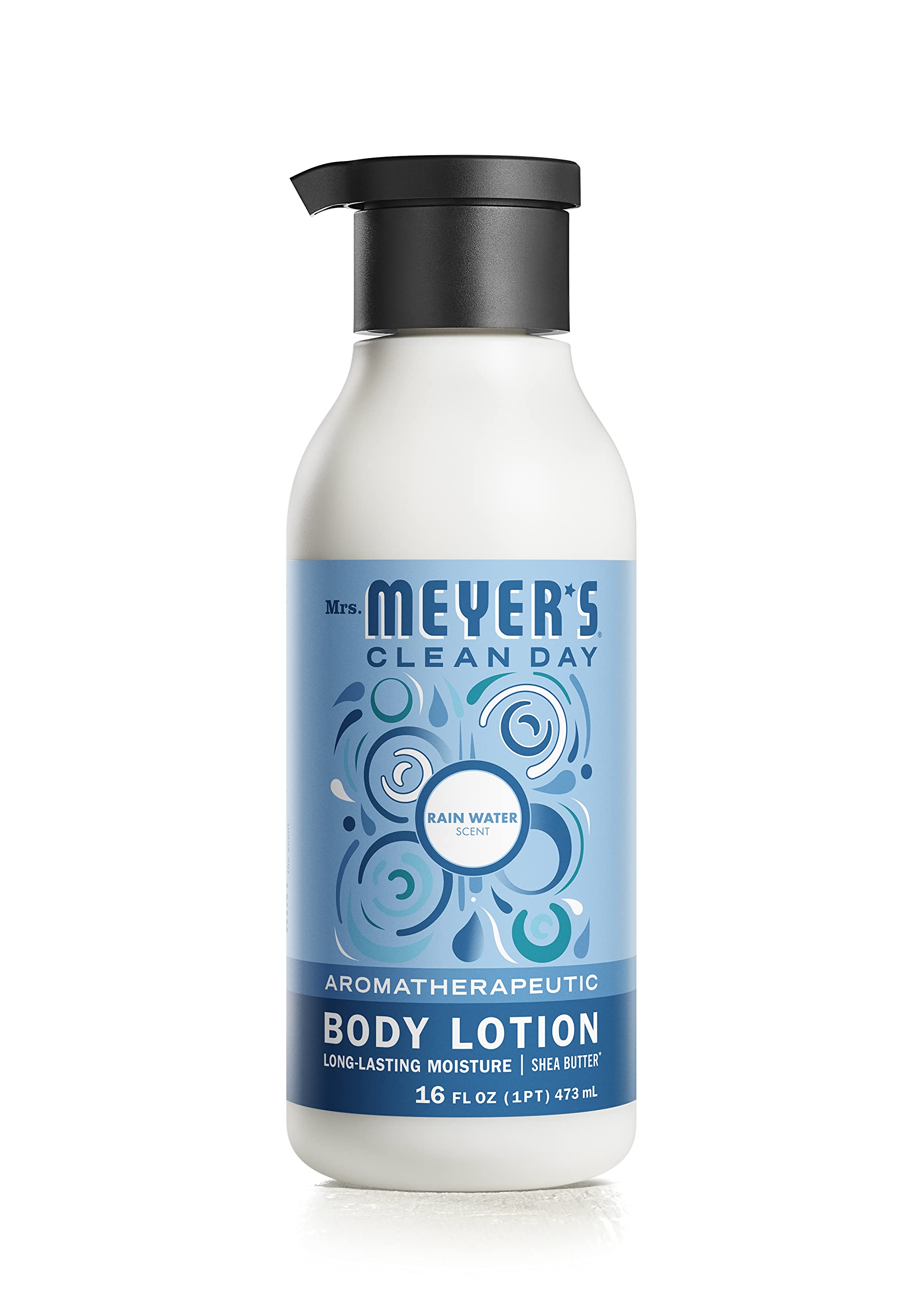 Mrs. Meyer's Clean Day Rain Water bottle front view shows moisturizing lotion for skin.