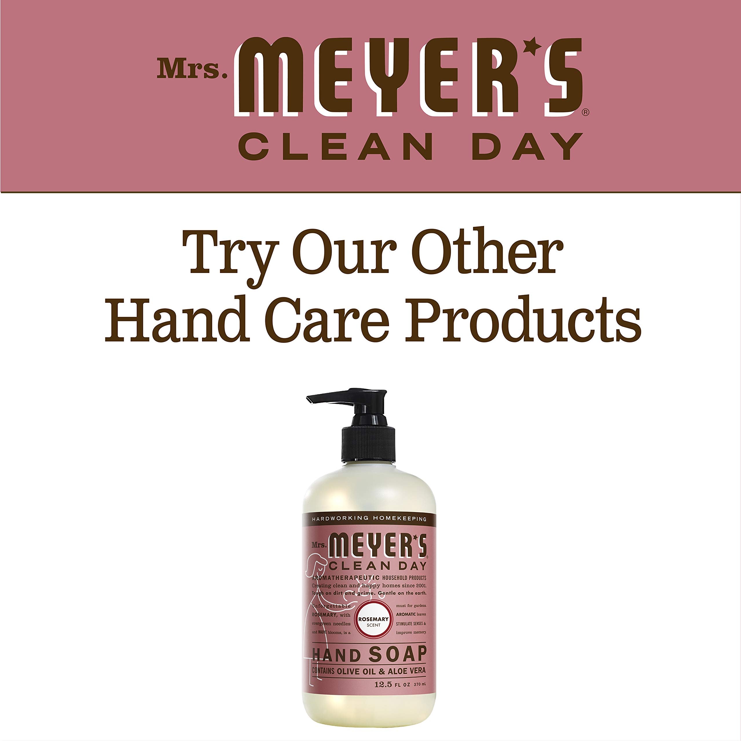 Three-pack arrangement of Mrs. Meyer's Rosemary hand soap providing a long-lasting supply.