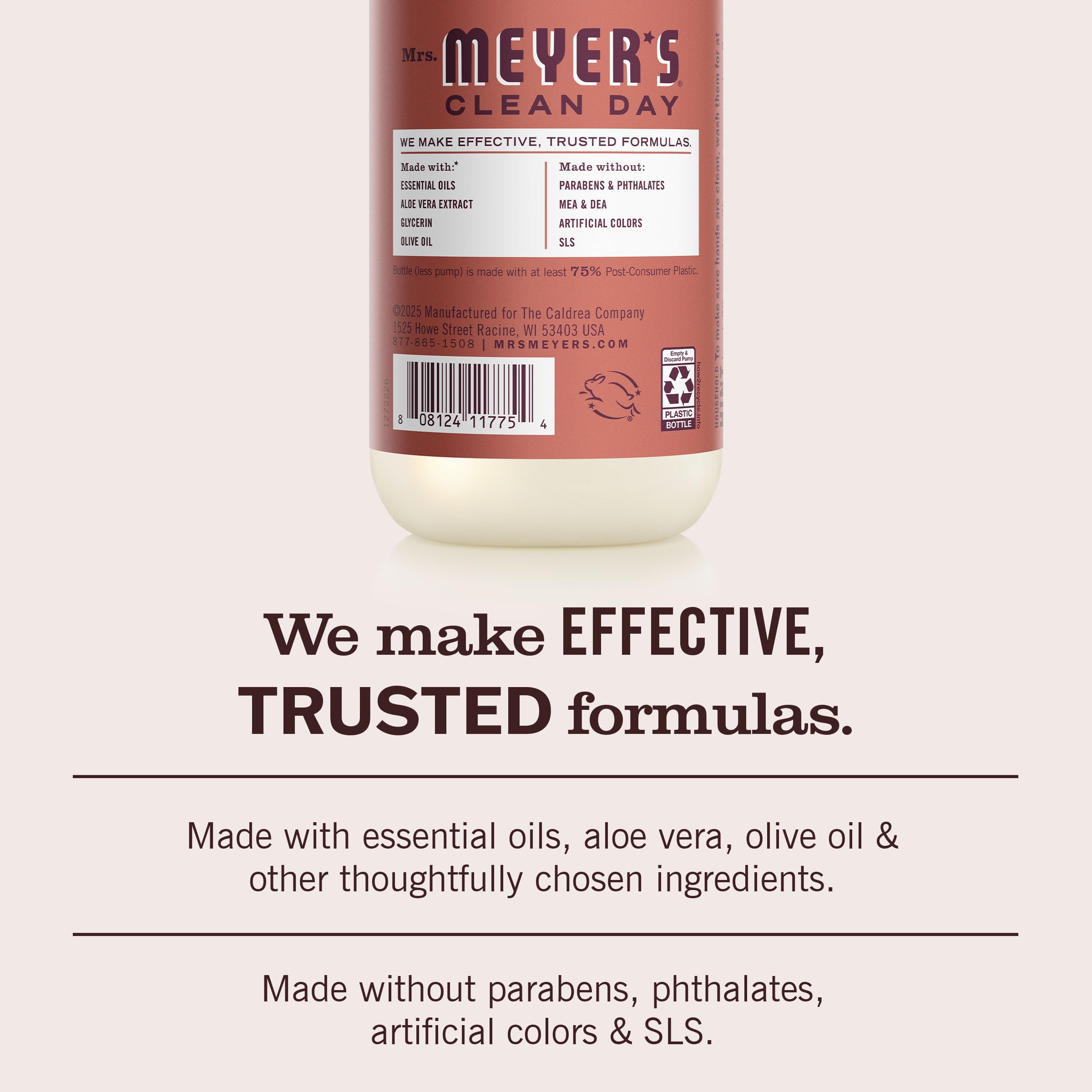 Mrs. MEYER'S ingredients display with aloe and olive oil showing natural-sourced benefit