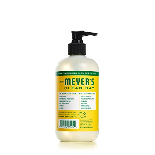 Mrs. Meyer's hand soap label highlights honeysuckle fragrance for daily cleansing.