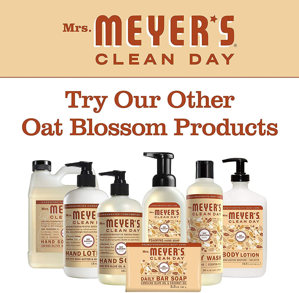Mrs. Meyer's ingredients visual spotlights essential oils and aloe for softer hands.