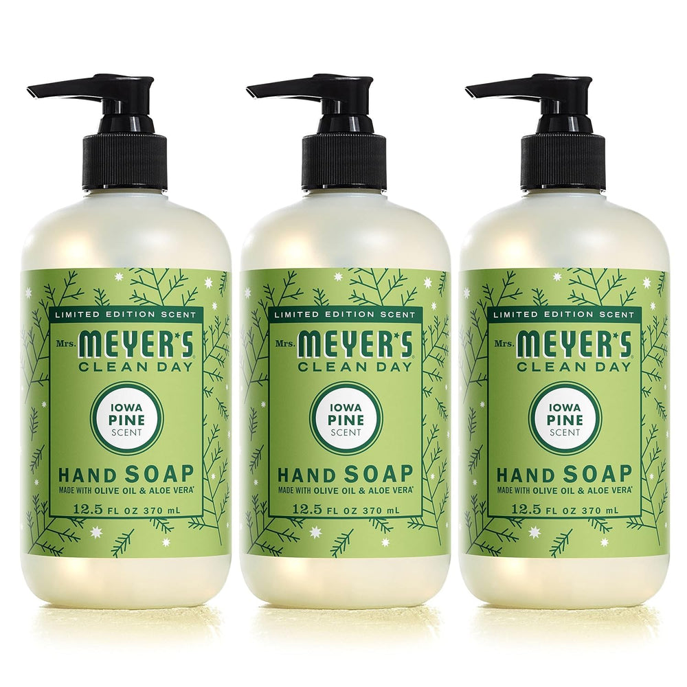 Mrs. Meyer’s Iowa Pine hand soap bottle with essential oils offers a clean, refreshing wash for daily use.