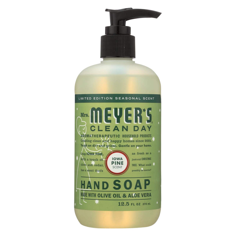 Mrs. Meyer's Iowa Pine Hand Soap bottle highlighting festive scent and non-drying care.